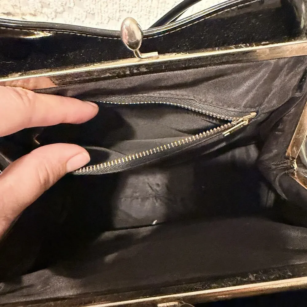 True Vintage 1960s Purse Black Handbag Gold Tone Kiss Lock Dressy Makers Mark